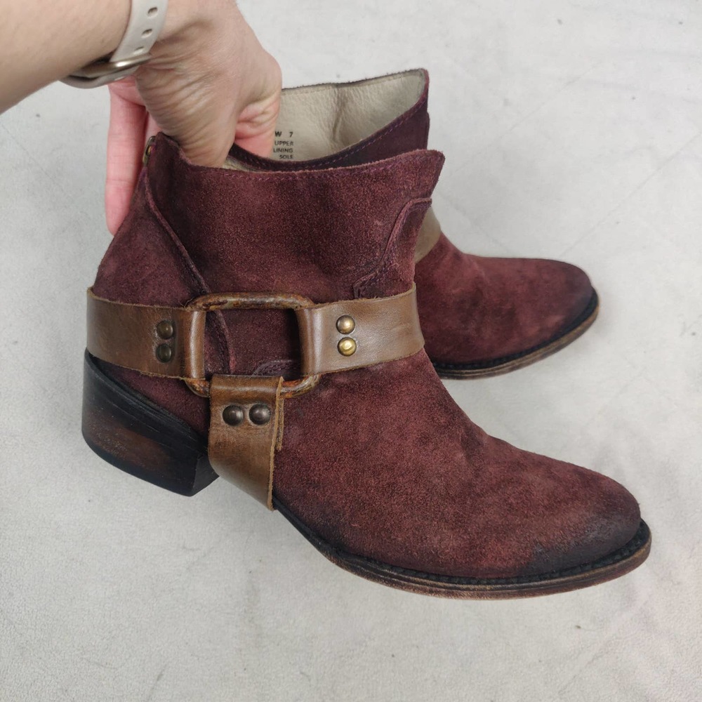 Freebird by Steven Ankle Boots Women's 7 Phlow Red Suede Leather Harness Bootie